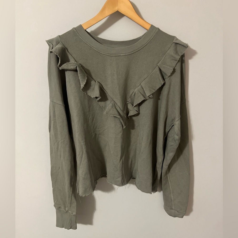 Free People Olive Sage Ruffle V-Neck Crew Sweatshirt - Picture 2 of 7